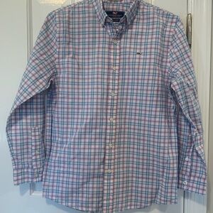 Vineyard Vines Boys Blue and Pink Plaid Long Sleeved Shirt